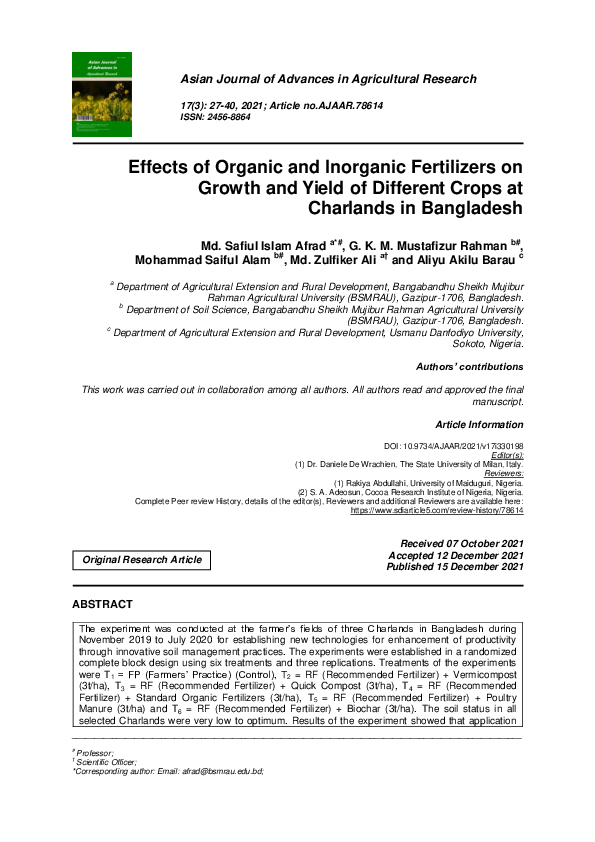 (PDF) Effects of Organic and Inorganic Fertilizers on Growth and Yield ...