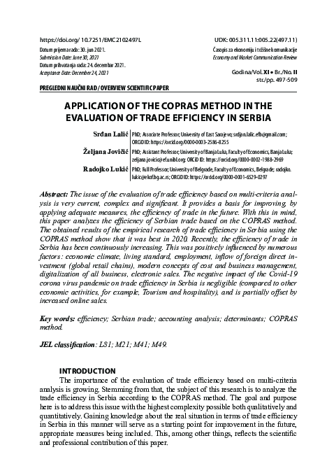 (PDF) Application of the Copras Method in the Evaluation of Trade ...