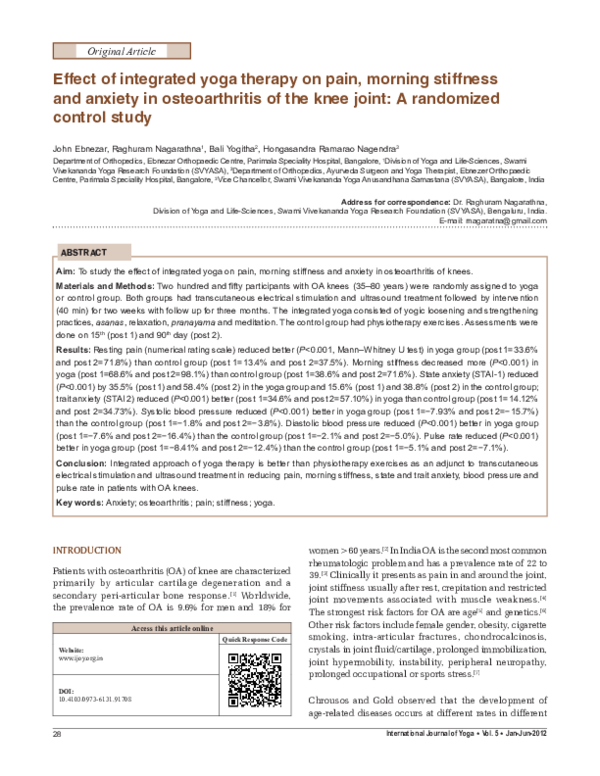 (PDF) Effect of integrated yoga therapy on pain, morning stiffness and ...