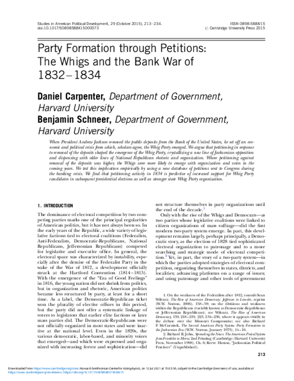 (PDF) Party Formation through Petitions: The Whigs and the Bank War of ...