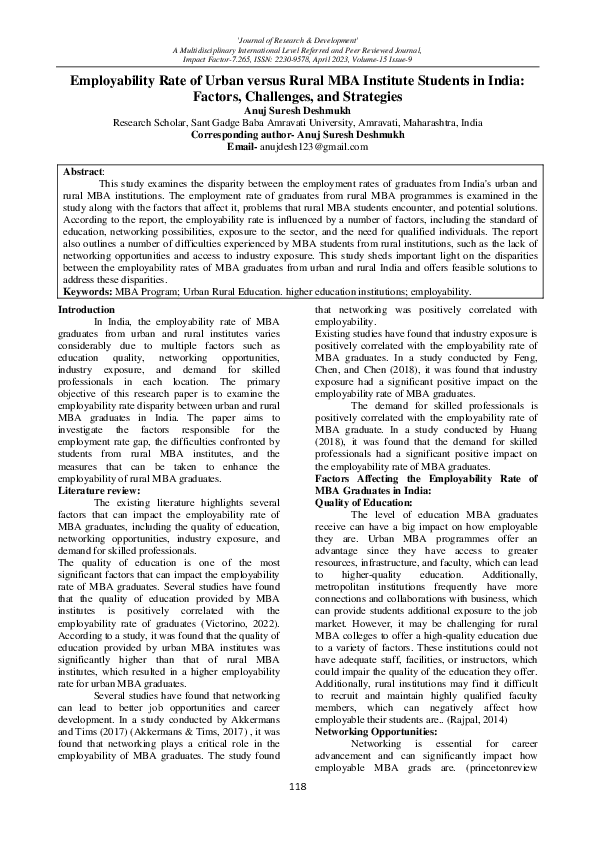 (PDF) Employability Rate of Urban versus Rural MBA Institute Students ...