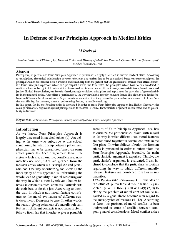 (PDF) In Defense of Four Principles Approach in Medical Ethics