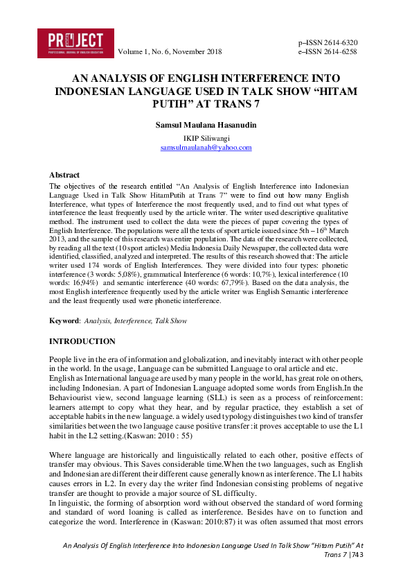 (PDF) An Analysis of English Interference Into Indonesian Language Used ...