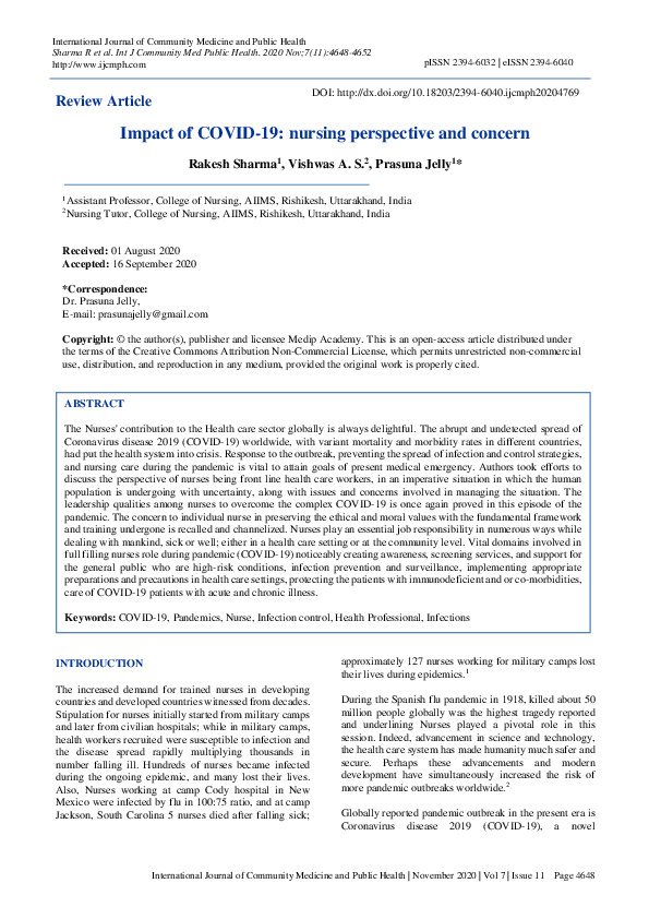 (PDF) Impact of COVID-19: nursing perspective and concern
