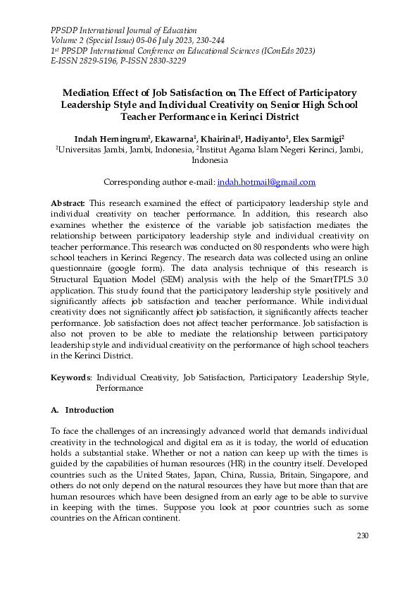 (PDF) Mediation Effect of Job Satisfaction on The Effect of ...