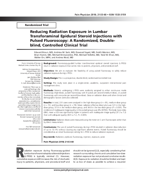 (PDF) Reducing Radiation Exposure in Lumbar Transforaminal Epidural ...