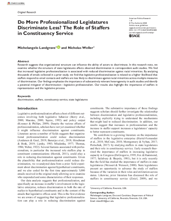(PDF) Do More Professionalized Legislatures Discriminate Less? The Role ...