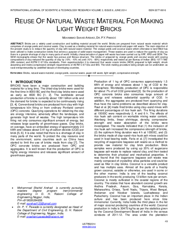 (PDF) Reuse of Natural Waste Material for Making Light Weight Bricks