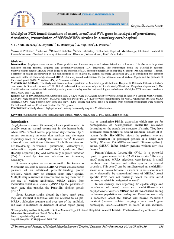 (PDF) Multiplex PCR based detection of mecA, mecC and PVL gene in ...