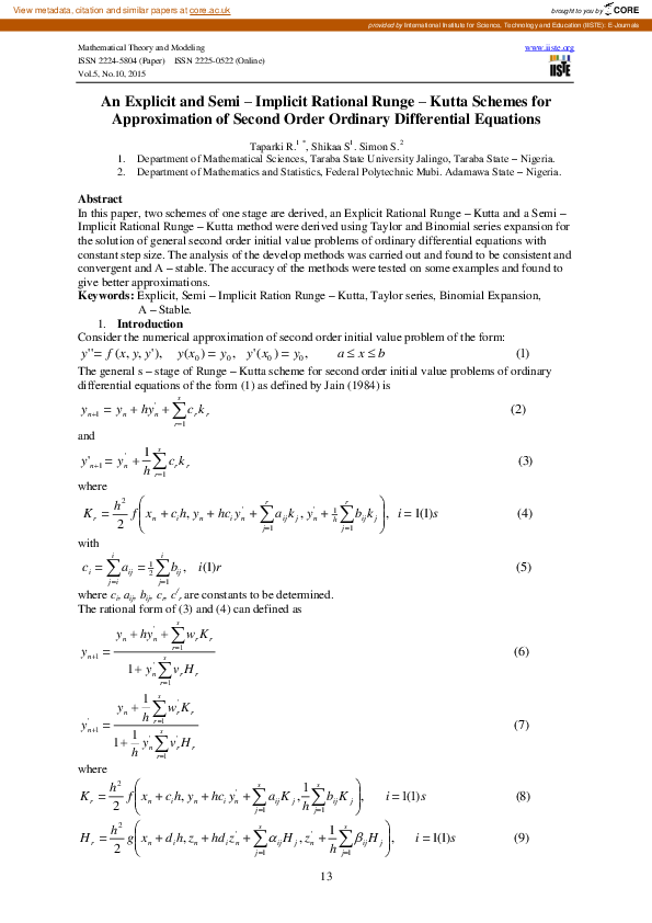 (PDF) An Explicit and Semi - Implicit Rational Runge - Kutta Schemes ...