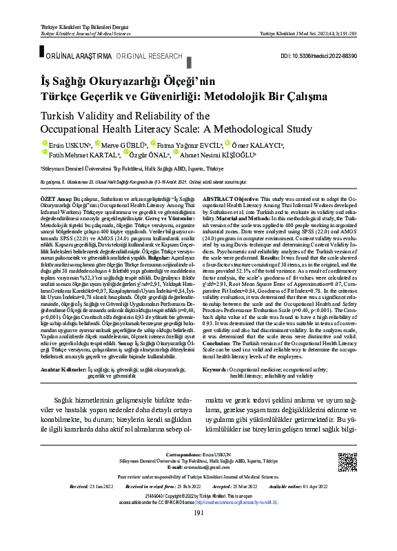 (PDF) Turkish Validity and Reliability of the Occupational Health ...