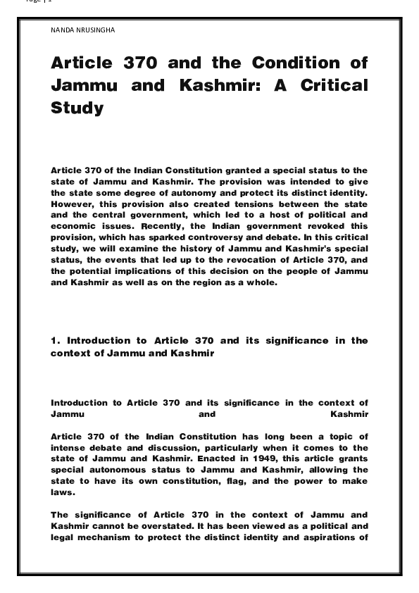 (DOC) Article 370 and the Condition of Jammu and Kashmir: A Critical Study