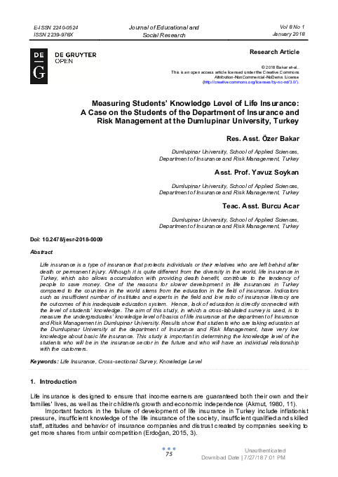 (PDF) Measuring Students’ Knowledge Level of Life Insurance: A Case on ...