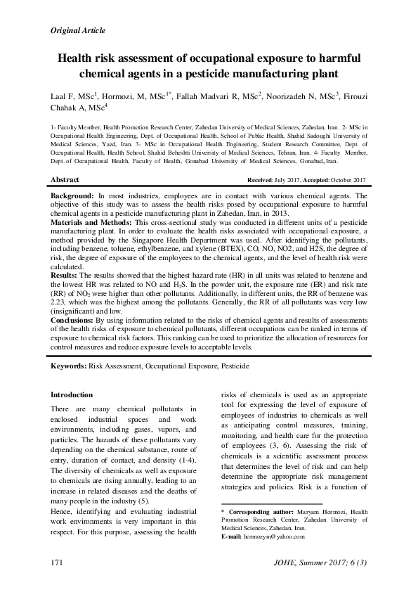 (PDF) Health risk assessment of occupational exposure to harmful ...