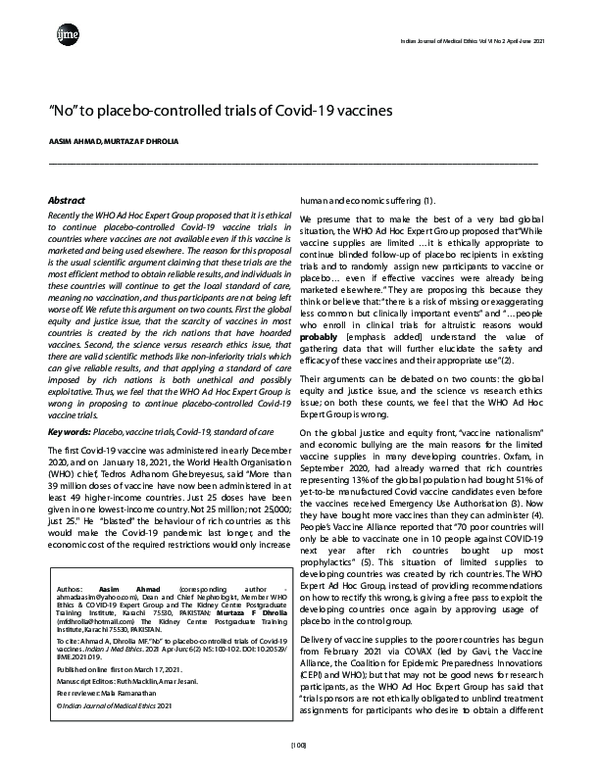 “No” to placebo-controlled trials of Covid-19 vaccines
