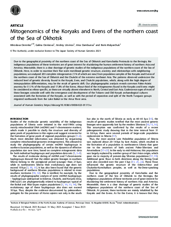 (PDF) Mitogenomics of the Koryaks and Evens of the northern coast of ...