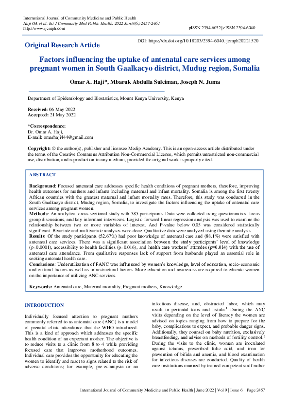 (PDF) Factors influencing the uptake of antenatal care services among ...