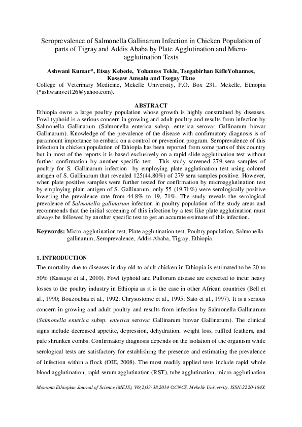 (PDF) Seroprevalence of Salmonella Gallinarum Infection in Chicken ...