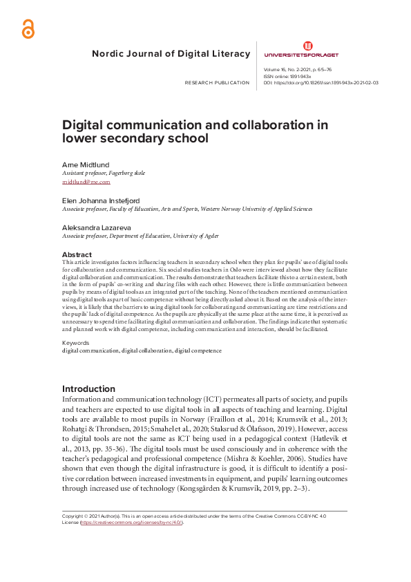 (PDF) Digital communication and collaboration in lower secondary school