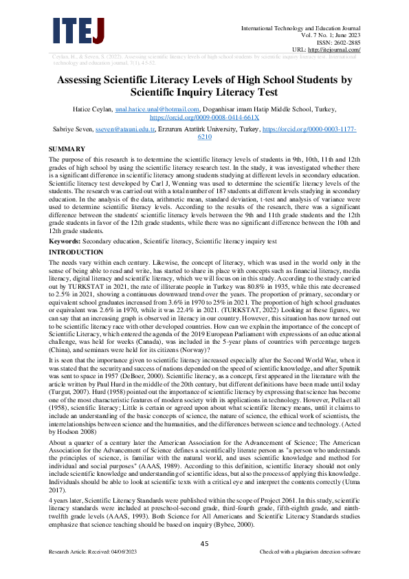 (PDF) Assessing Scientific Literacy Levels of High School Students by ...