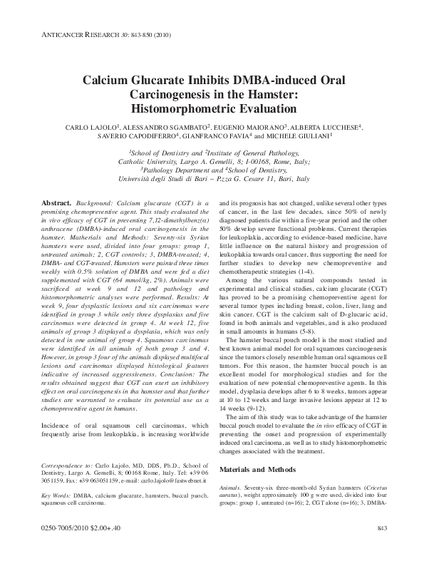 (PDF) Calcium glucarate inhibits DMBA-induced oral carcinogenesis in ...