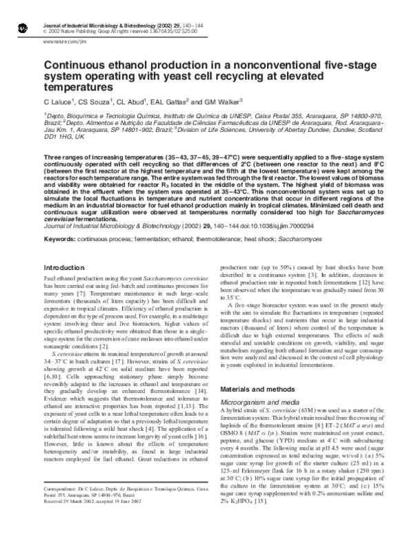 (PDF) Continuous ethanol production in a nonconventional five-stage ...