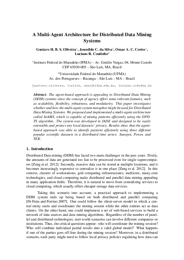 (PDF) A Multi-Agent Architecture for Distributed Data Mining Systems
