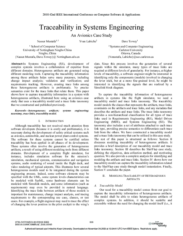 (PDF) Traceability in Systems Engineering An Avionics Case Study