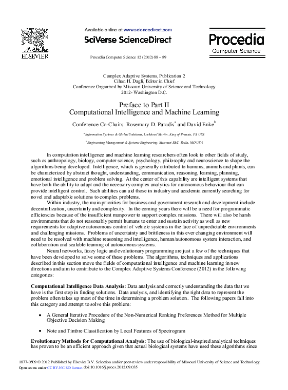 (PDF) Preface to Part II Computational Intelligence and Machine Learning