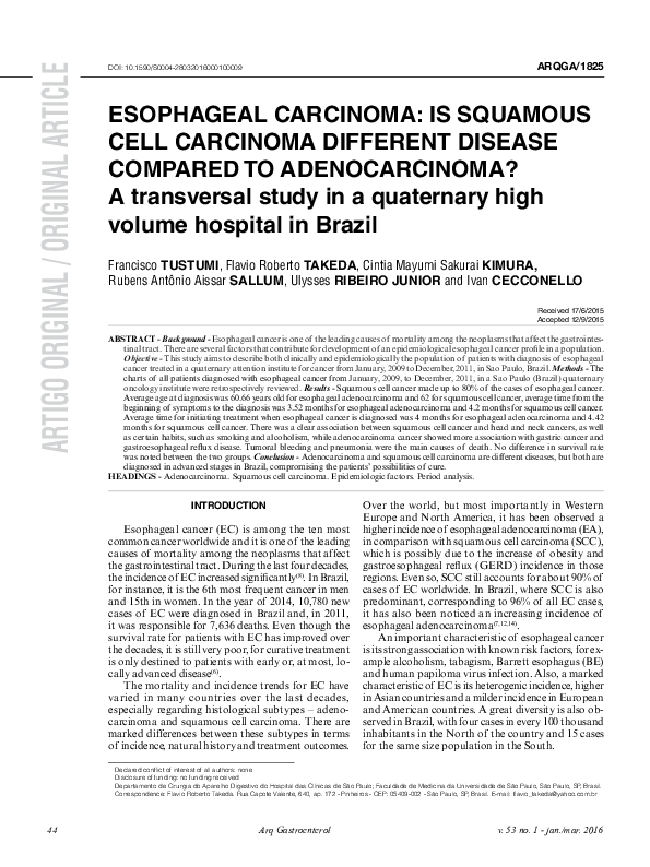 (PDF) ESOPHAGEAL CARCINOMA: IS SQUAMOUS CELL CARCINOMA DIFFERENT ...