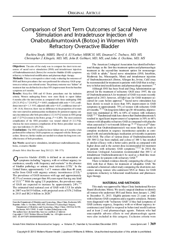 (PDF) Comparison of Short Term Outcomes of Sacral Nerve Stimulation and ...