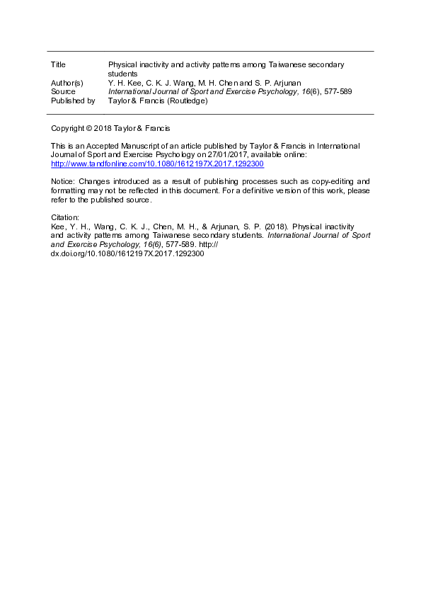 (PDF) Physical inactivity and activity patterns among Taiwanese ...
