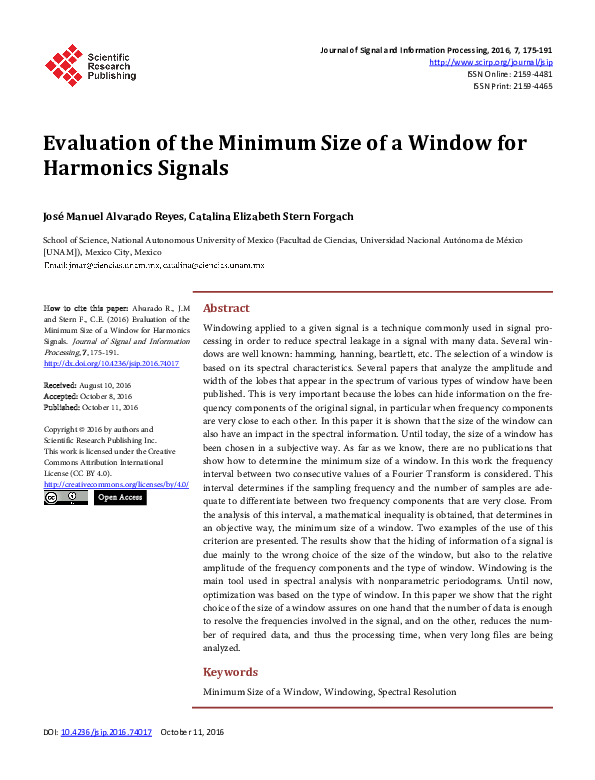 (PDF) Evaluation of the Minimum Size of a Window for Harmonics Signals