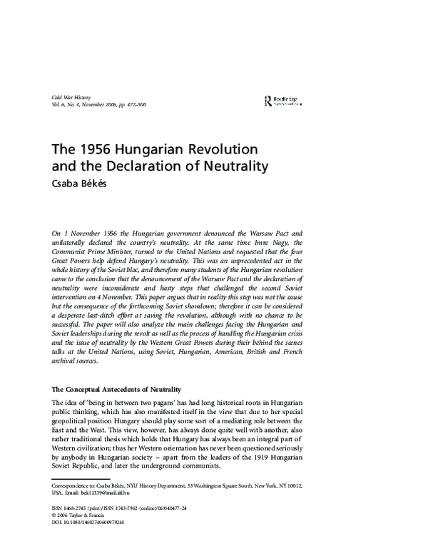 (PDF) The 1956 Hungarian Revolution and the Declaration of Neutrality