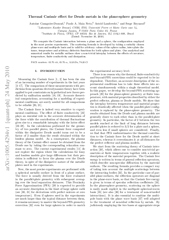 (PDF) Thermal Casimir effect for Drude metals in the plane-sphere geometry