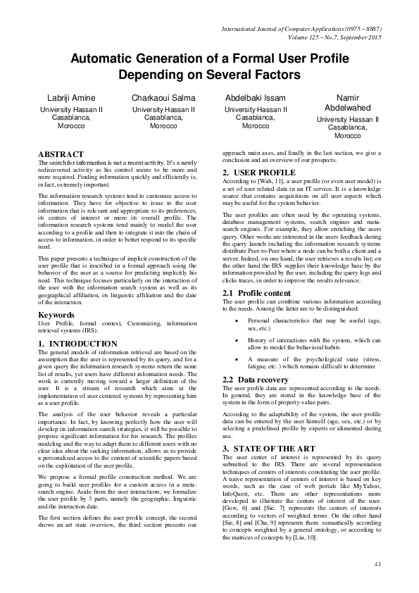 (PDF) Automatic Generation of a Formal User Profile Depending on ...