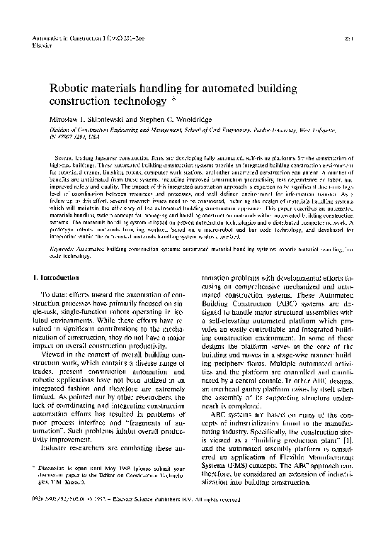 (PDF) Robotic materials handling for automated building construction ...