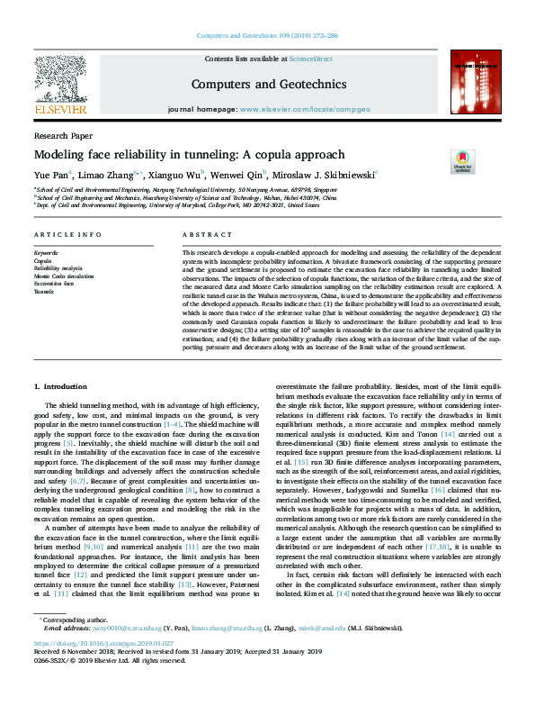 (PDF) Modeling face reliability in tunneling: A copula approach