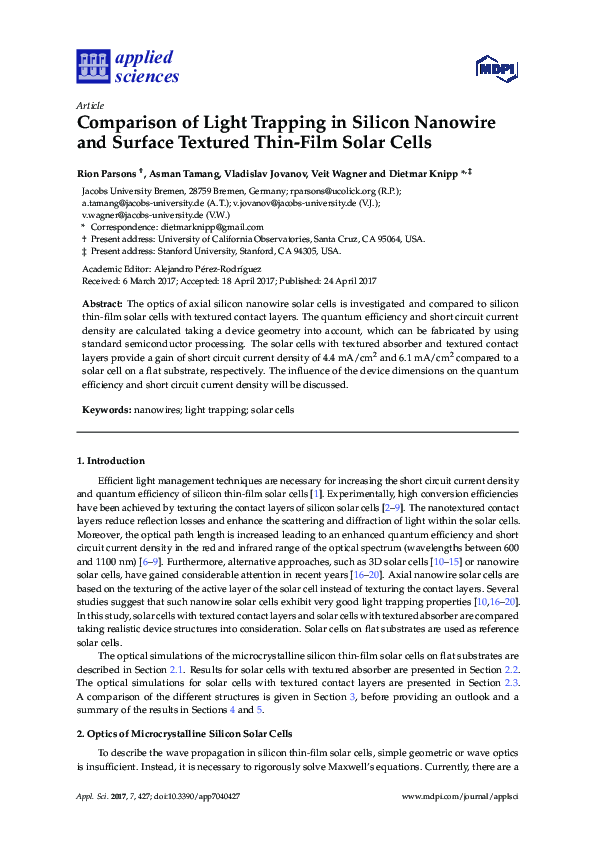 (PDF) Comparison of Light Trapping in Silicon Nanowire and Surface ...
