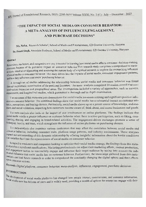 (PDF) THE IMPACT OF SOCIAL MEDIA ON CONSUMER BEHAVIOR A META ANALYSIS ...