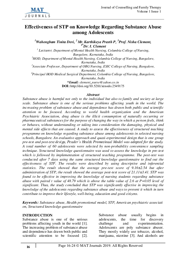 (PDF) Effectiveness of STP on Knowledge Regarding Substance Abuse among ...