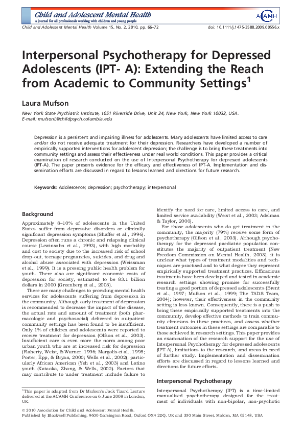 (PDF) Interpersonal Psychotherapy for Depressed Adolescents (IPT-A ...