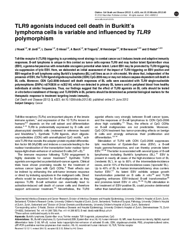 (PDF) TLR9 agonists induced cell death in Burkitt's lymphoma cells is ...