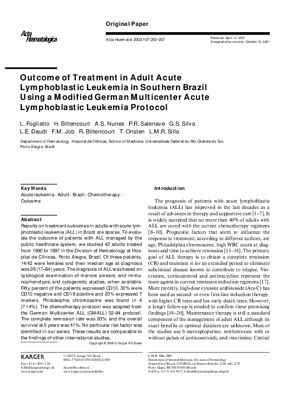 (PDF) Outcome of Treatment in Adult Acute Lymphoblastic Leukemia in ...