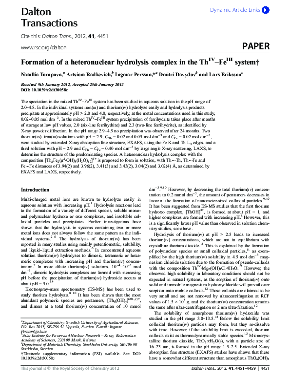 (PDF) Formation of a heteronuclear hydrolysis complex in the ThIV–FeIII ...