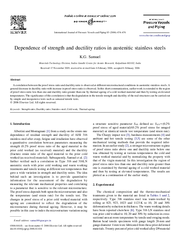 (PDF) Dependence of strength and ductility ratios in austenitic ...