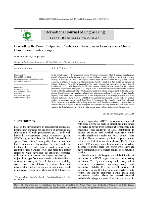 (PDF) Controlling the Power Output and Combustion Phasing in an HCCI Engine