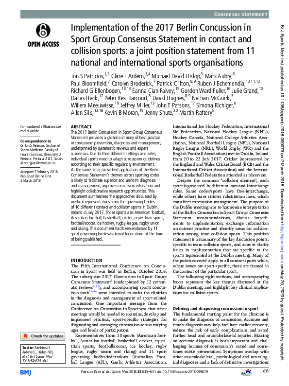 (PDF) Implementation of the 2017 Berlin Concussion in Sport Group ...