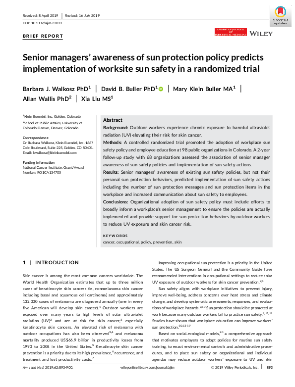 (PDF) Senior managers’ awareness of sun protection policy predicts ...