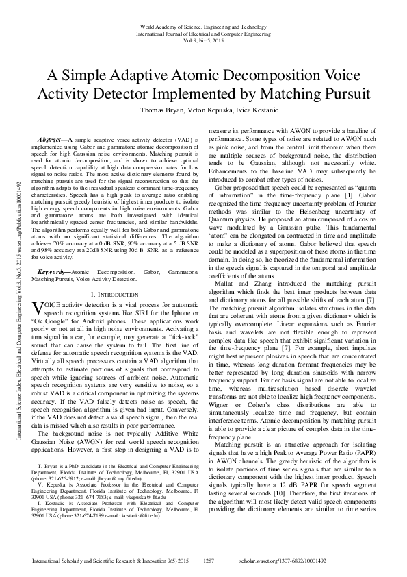 (PDF) A Simple Adaptive Atomic Decomposition Voice Activity Detector ...